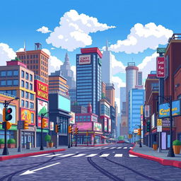 A pixelized two-dimensional background for a game, featuring a dynamic cityscape filled with various pixel art buildings of different heights and designs