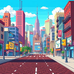 A pixelized two-dimensional background for a game, featuring a dynamic cityscape filled with various pixel art buildings of different heights and designs