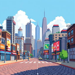A pixelized two-dimensional background for a game, featuring a dynamic cityscape filled with various pixel art buildings of different heights and designs