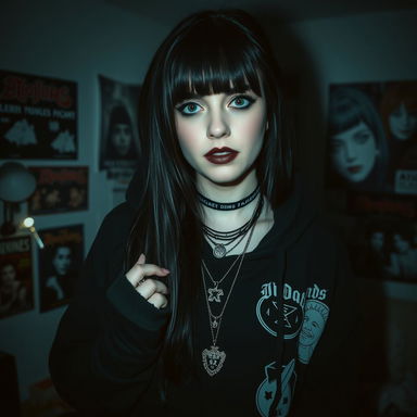A moody and atmospheric portrait of a young woman resembling an emo version of a popular singer, with long dark hair and striking makeup featuring heavy eyeliner and dark lipstick