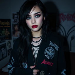 A moody and atmospheric portrait of a young woman resembling an emo version of a popular singer, with long dark hair and striking makeup featuring heavy eyeliner and dark lipstick