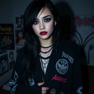 A moody and atmospheric portrait of a young woman resembling an emo version of a popular singer, with long dark hair and striking makeup featuring heavy eyeliner and dark lipstick