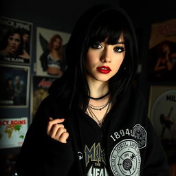 A moody and atmospheric portrait of a young woman resembling an emo version of a popular singer, with long dark hair and striking makeup featuring heavy eyeliner and dark lipstick