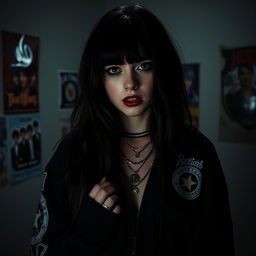A moody and atmospheric portrait of a young woman resembling an emo version of a popular singer, with long dark hair and striking makeup featuring heavy eyeliner and dark lipstick