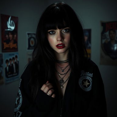 A moody and atmospheric portrait of a young woman resembling an emo version of a popular singer, with long dark hair and striking makeup featuring heavy eyeliner and dark lipstick