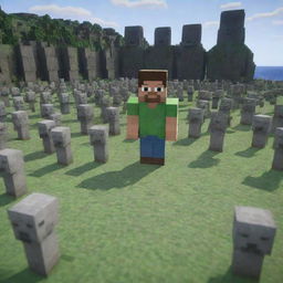 In the midst of the chaos, Steve from Minecraft suddenly arrives. He is rendered in his classic pixelated style, standing defiantly against the army of angry stone warriors and the furious moai statue.