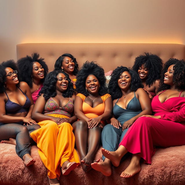 A vibrant scene featuring a large group of stunning Black women with beautiful curves, gathered together on a plush, inviting bed