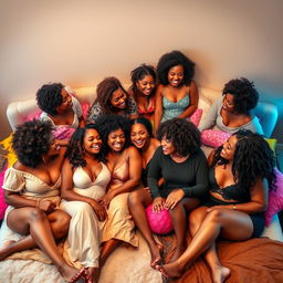 A vibrant scene featuring a large group of stunning Black women with beautiful curves, gathered together on a plush, inviting bed