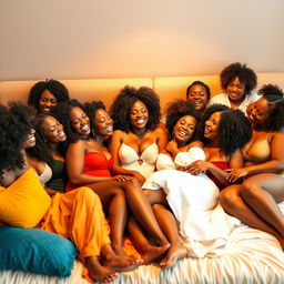 A vibrant scene featuring a large group of stunning Black women with beautiful curves, gathered together on a plush, inviting bed