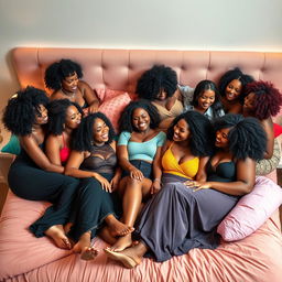 A vibrant scene featuring a large group of stunning Black women with beautiful curves, gathered together on a plush, inviting bed