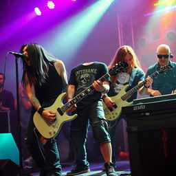 A vibrant and energetic lineup photo of a deathcore band, featuring five band members in an intense live performance atmosphere