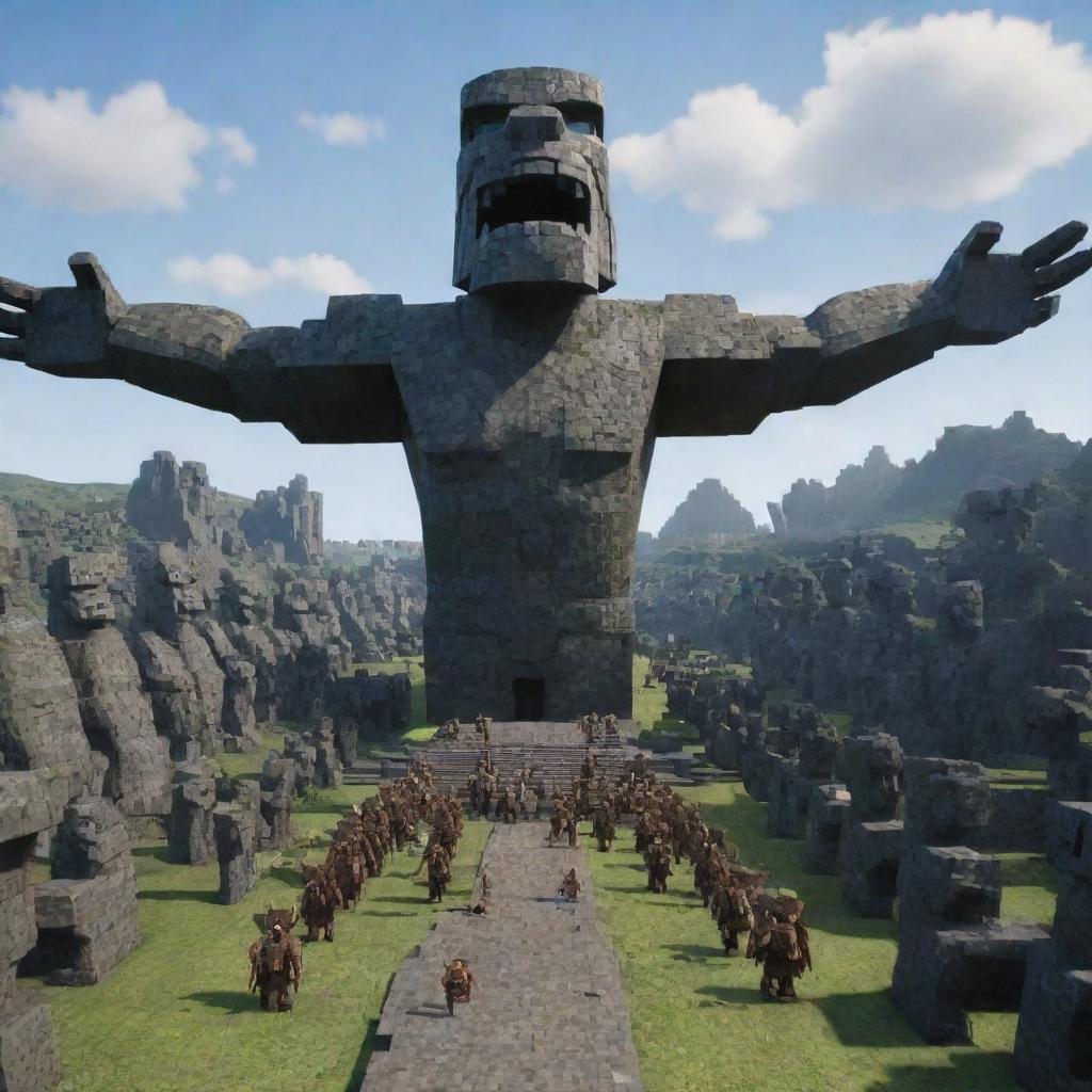 The scene now includes Steve from Minecraft, with arms raised and 10,000 Ender Dragons appearing behind him. The dragons are detailed, terrifying, and massive, contrasting with the army of the furious moai statue and stone warriors.