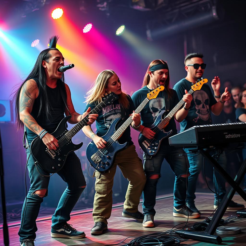 A vibrant and energetic lineup photo of a deathcore band, featuring five band members in an intense live performance atmosphere