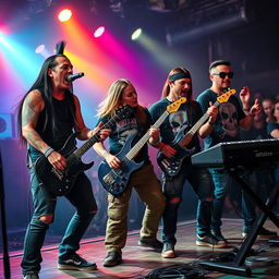 A vibrant and energetic lineup photo of a deathcore band, featuring five band members in an intense live performance atmosphere