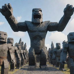 The scene now includes Steve from Minecraft, with arms raised and 10,000 Ender Dragons appearing behind him. The dragons are detailed, terrifying, and massive, contrasting with the army of the furious moai statue and stone warriors.