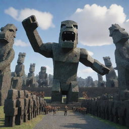 The scene now includes Steve from Minecraft, with arms raised and 10,000 Ender Dragons appearing behind him. The dragons are detailed, terrifying, and massive, contrasting with the army of the furious moai statue and stone warriors.