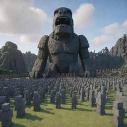 The scene now includes Steve from Minecraft, with arms raised and 10,000 Ender Dragons appearing behind him. The dragons are detailed, terrifying, and massive, contrasting with the army of the furious moai statue and stone warriors.