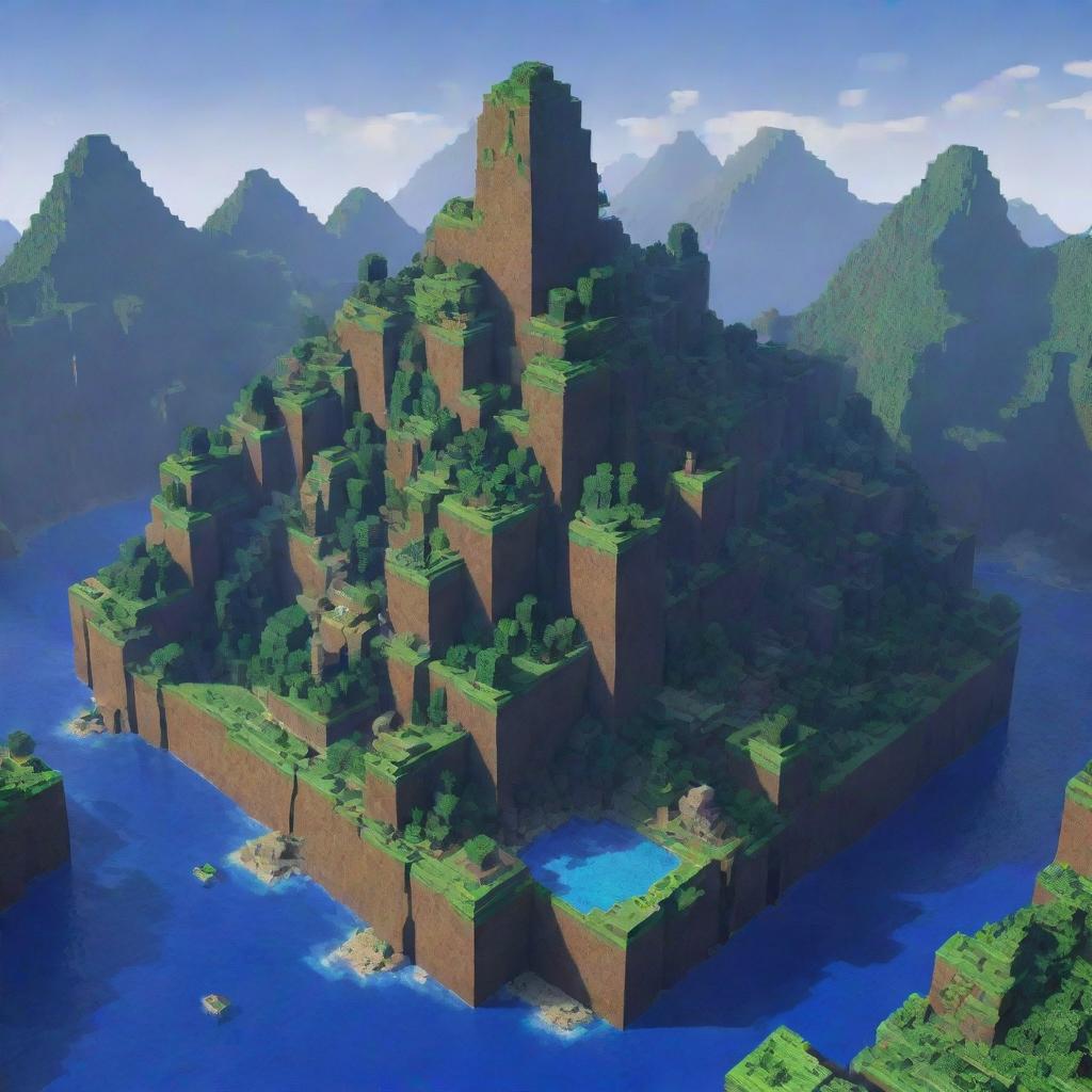 Illustrate a vibrant and blocky Minecraft world with lush greenery, towering mountains, deep blue waters, and intricate buildings made of pixelated blocks.