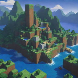 Illustrate a vibrant and blocky Minecraft world with lush greenery, towering mountains, deep blue waters, and intricate buildings made of pixelated blocks.