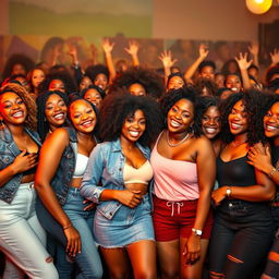 A lively scene featuring a large group of beautiful Black girls, proudly showcasing their curvy figures and radiant smiles