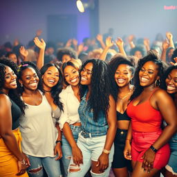 A lively scene featuring a large group of beautiful Black girls, proudly showcasing their curvy figures and radiant smiles