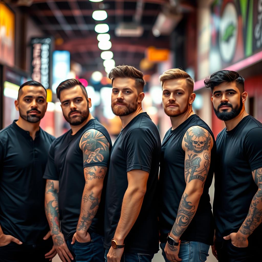 A striking photograph of five men standing in a line, all dressed in black shirts