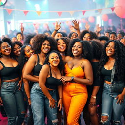 A lively scene featuring a large group of beautiful Black girls, proudly showcasing their curvy figures and radiant smiles