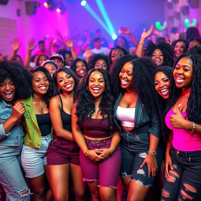 A lively scene featuring a large group of beautiful Black girls, proudly showcasing their curvy figures and radiant smiles