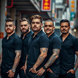 A striking photograph of five men standing in a line, all dressed in black shirts