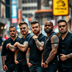A striking photograph of five men standing in a line, all dressed in black shirts