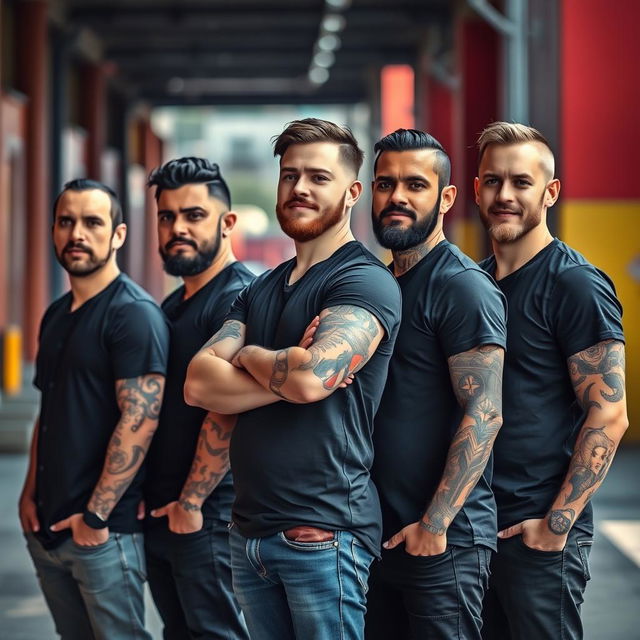 A striking photograph of five men standing in a line, all dressed in black shirts