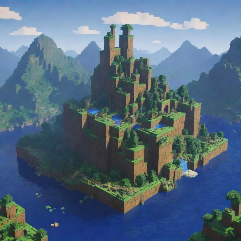 Illustrate a vibrant and blocky Minecraft world with lush greenery, towering mountains, deep blue waters, and intricate buildings made of pixelated blocks.