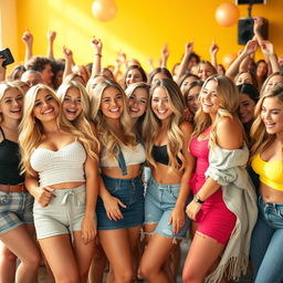 A lively scene featuring a large group of beautiful blonde girls, proudly showcasing their curvy figures and radiant smiles