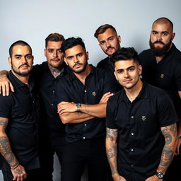 A dynamic image featuring five men wearing black shirts, each adorned with visible tattoos