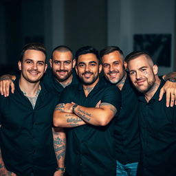 A dynamic image featuring five men wearing black shirts, each adorned with visible tattoos