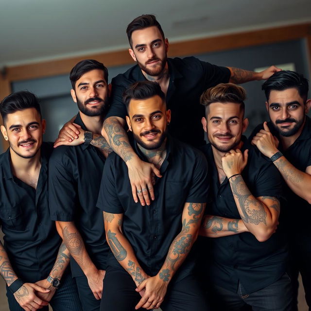 A dynamic image featuring five men wearing black shirts, each adorned with visible tattoos