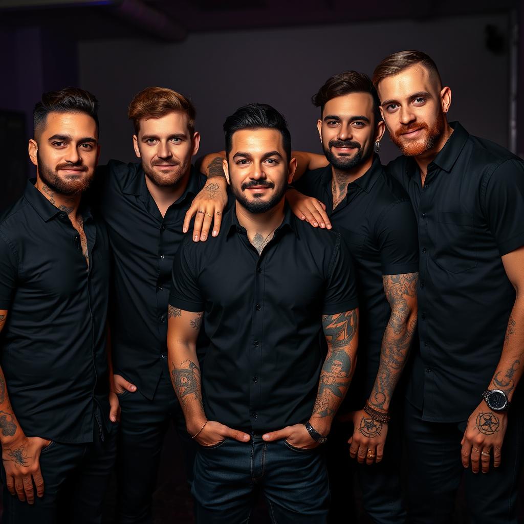 A dynamic image featuring five men wearing black shirts, each adorned with visible tattoos