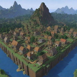 Modify the existing Minecraft world image to include numerous intricate Minecraft villages with distinct buildings, crops, and villagers going about their daily routines.