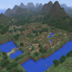 Modify the existing Minecraft world image to include numerous intricate Minecraft villages with distinct buildings, crops, and villagers going about their daily routines.