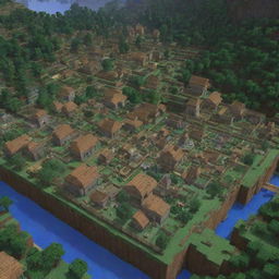 Modify the existing Minecraft world image to include numerous intricate Minecraft villages with distinct buildings, crops, and villagers going about their daily routines.