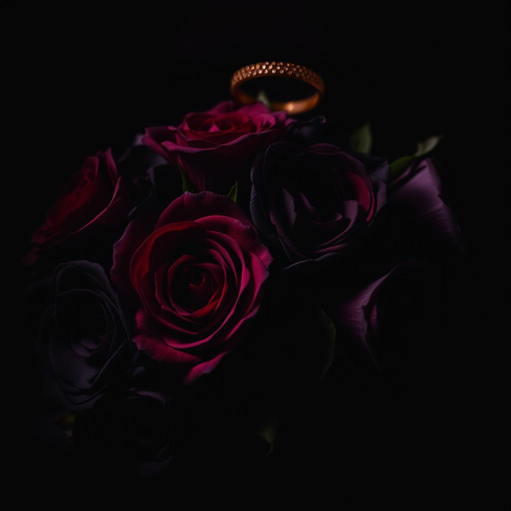 A dark, moody scene featuring a beautiful arrangement of flowers in deep, rich colors such as dark reds, purples, and blacks