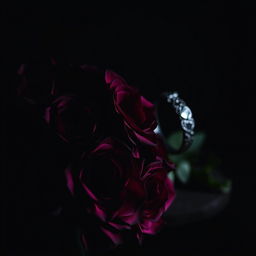 A dark, moody scene featuring a beautiful arrangement of flowers in deep, rich colors such as dark reds, purples, and blacks