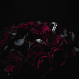 A dark, moody scene featuring a beautiful arrangement of flowers in deep, rich colors such as dark reds, purples, and blacks