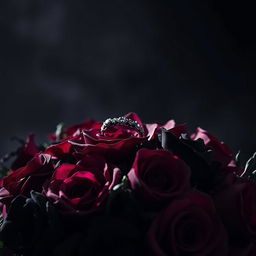 A dark, moody scene featuring a beautiful arrangement of flowers in deep, rich colors such as dark reds, purples, and blacks