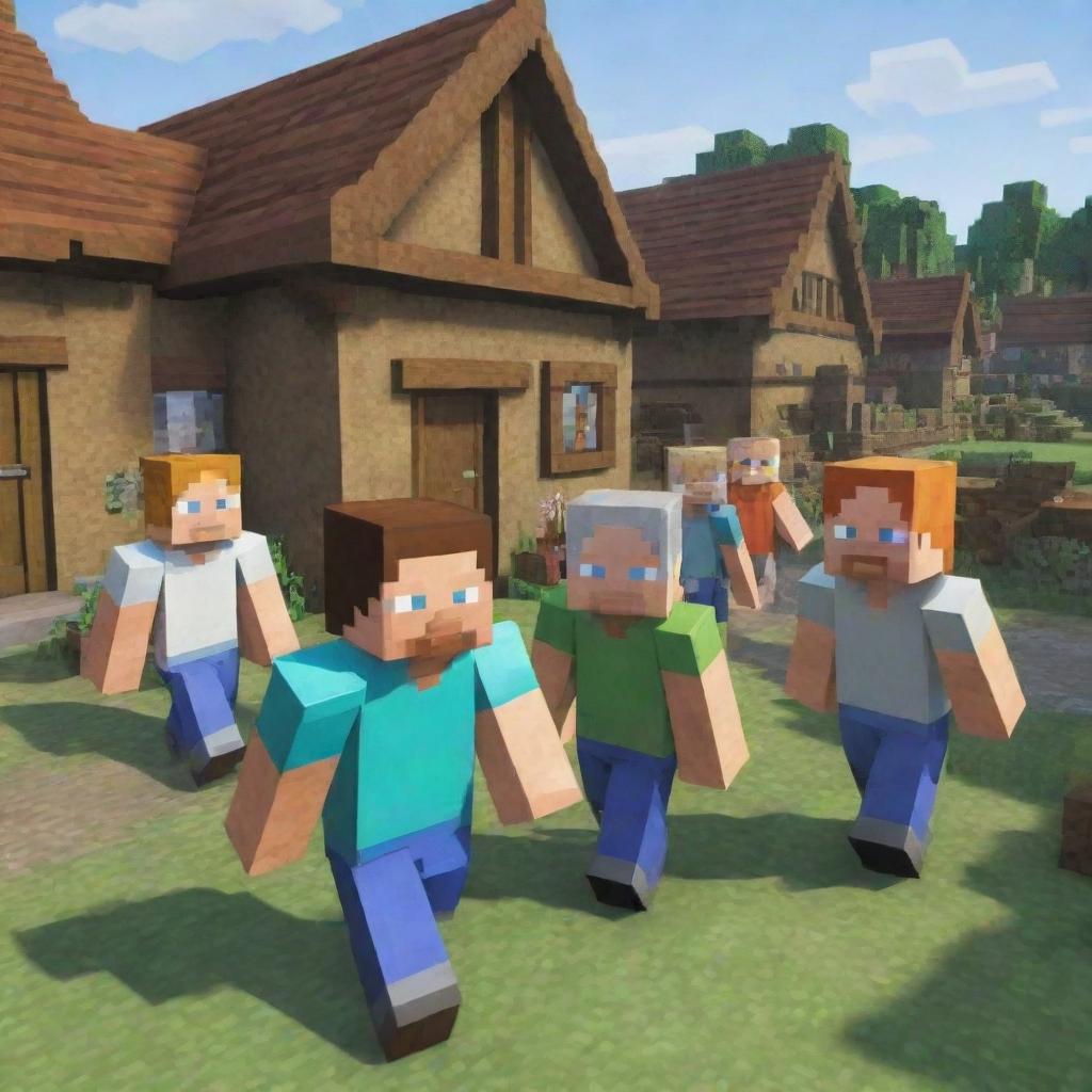 Further adapt the Minecraft world image, now having villagers warmly greeting Steve in a friendly manner as he walks through the bustling, vibrant villages.