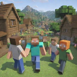 Further adapt the Minecraft world image, now having villagers warmly greeting Steve in a friendly manner as he walks through the bustling, vibrant villages.