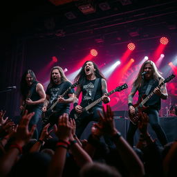 A dramatic and intense photo of a 5-man deathcore band performing on stage