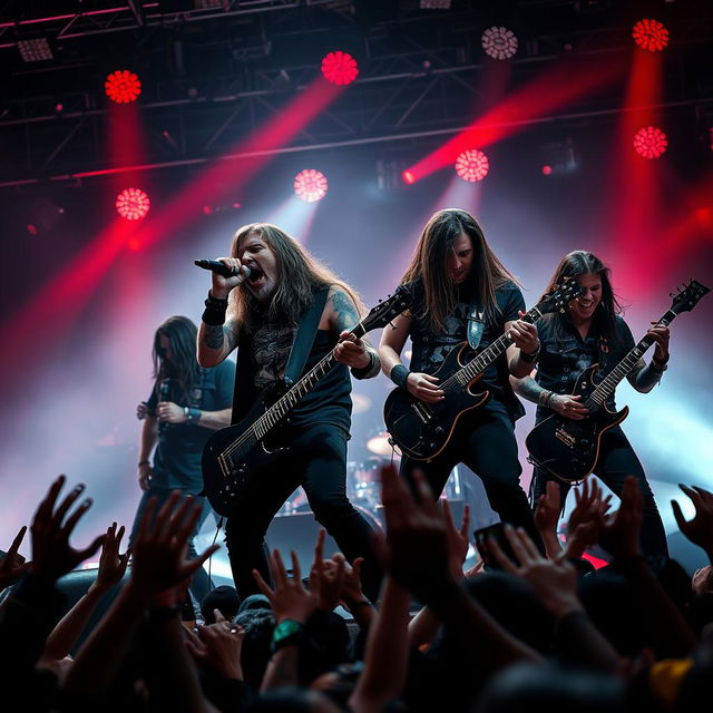 A dramatic and intense photo of a 5-man deathcore band performing on stage