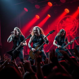 A dramatic and intense photo of a 5-man deathcore band performing on stage