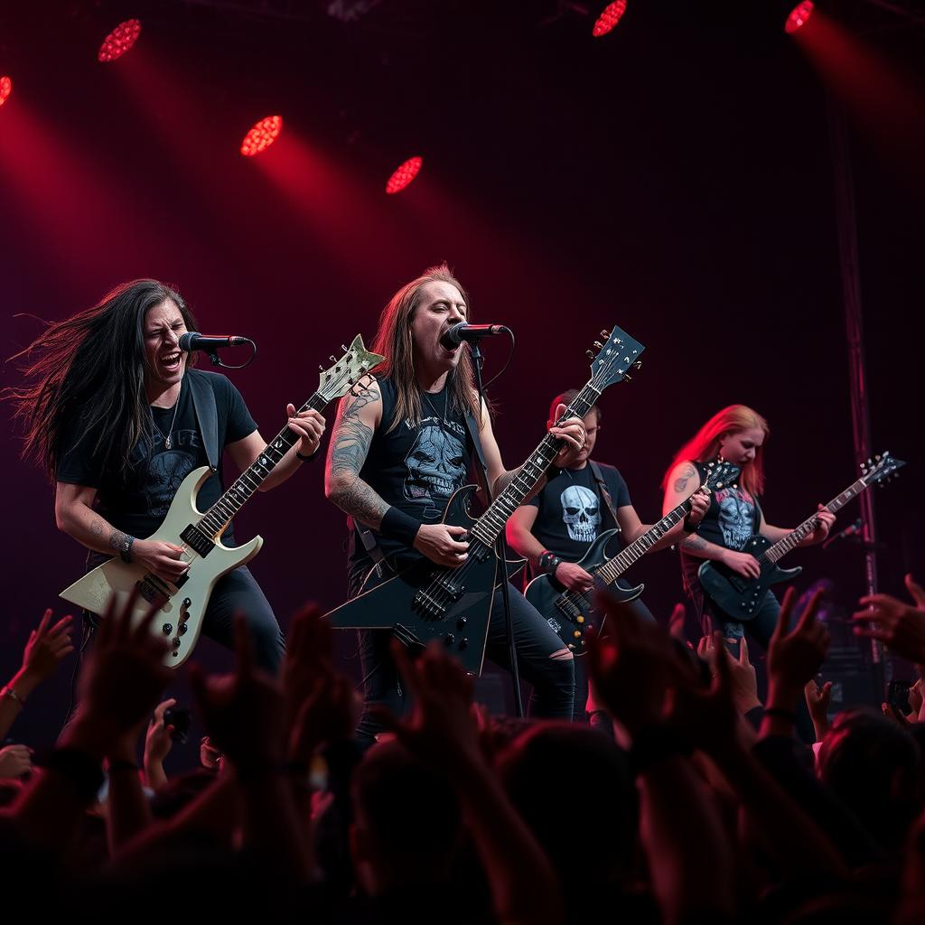 A dramatic and intense photo of a 5-man deathcore band performing on stage